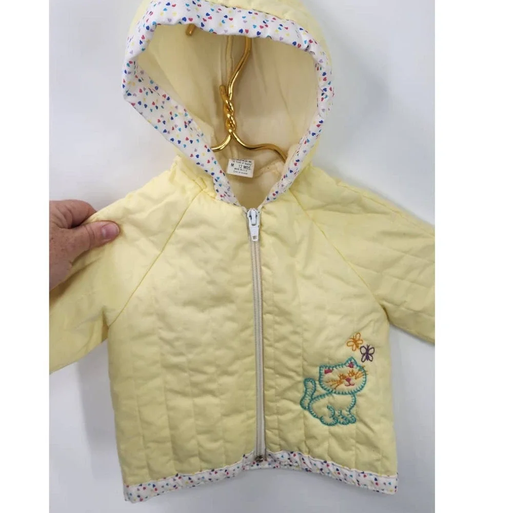 Vintage 70's Baby Girl Yellow Full Zip Cat Embroidered Sweater‎ Jacket 12 Months